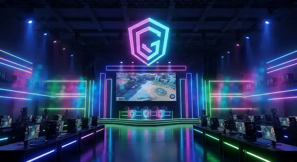 电子竞技赛事现场霓虹灯光闪耀的竞技舞台